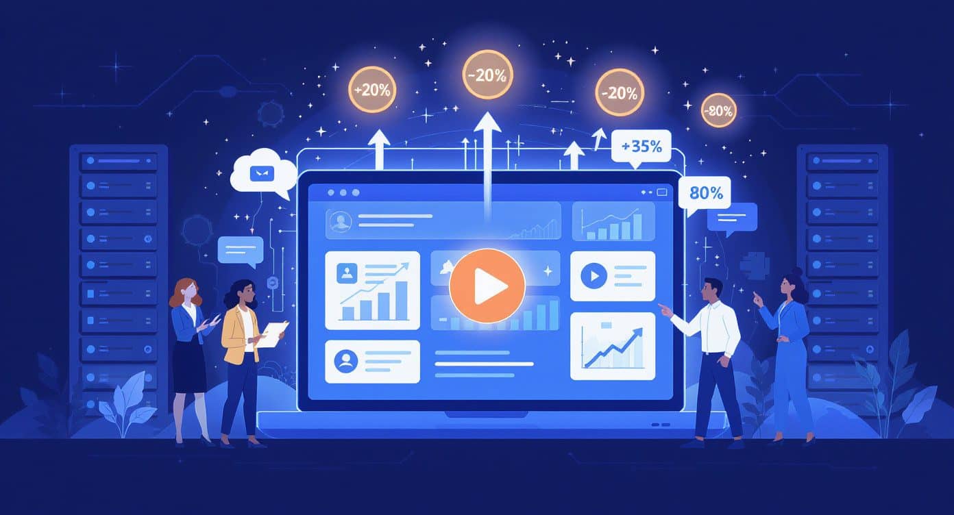 SaaS explainer video ROI SaaS explainer video ROI chart, SaaS demo conversions infographic, animated onboarding video illustration.