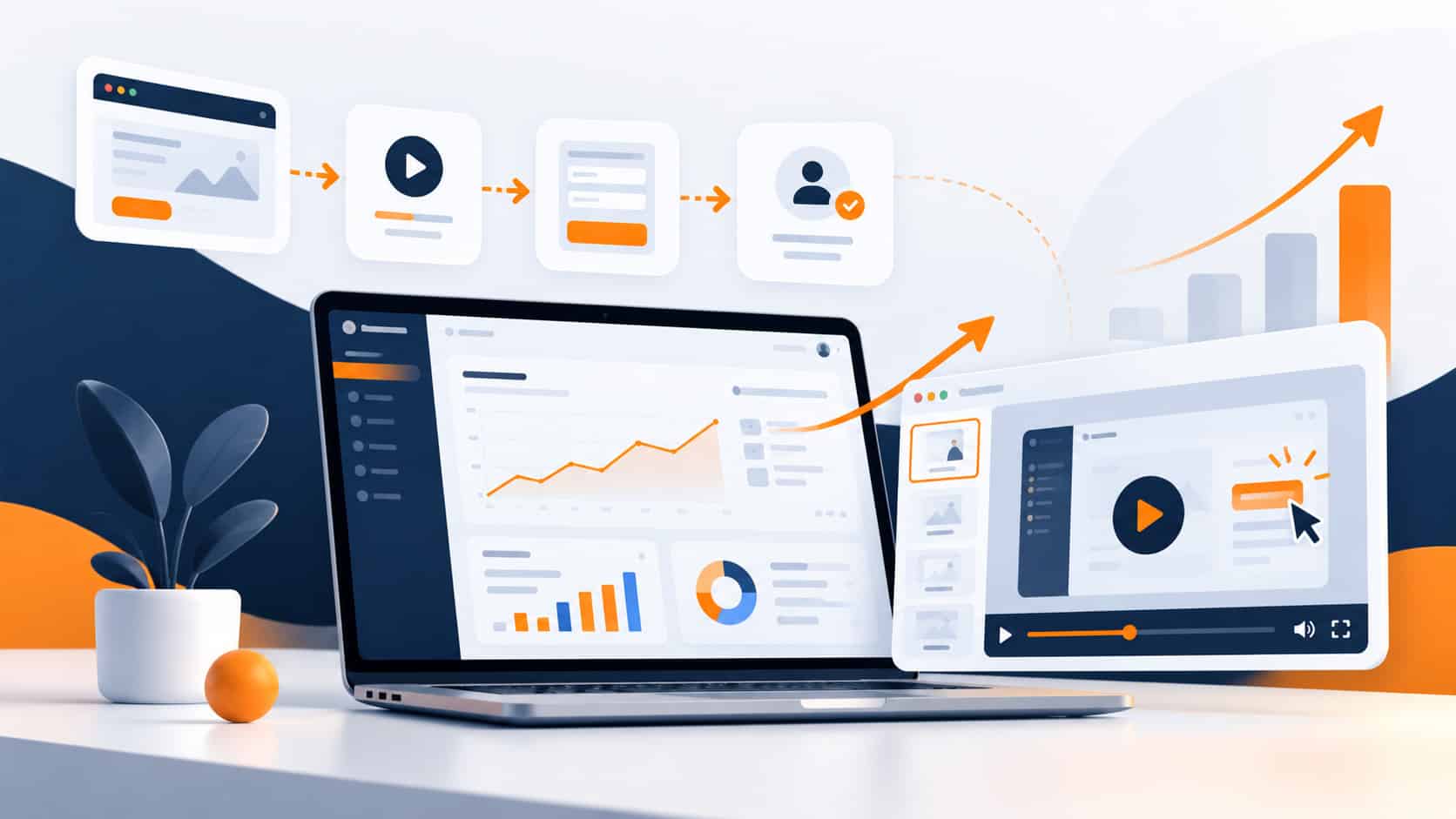 SaaS Explainer Videos – Demos, Trials and Onboarding Illustration of a SaaS dashboard, explainer video player, and customer journey from website to demo, trial and onboarding
