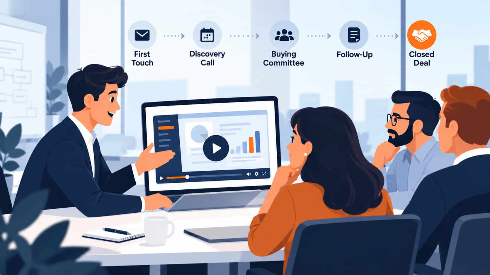 Sales Explainer Videos for B2B SaaS — Featured Illustration Illustration of a sales explainer video being shared with a B2B SaaS buying committee